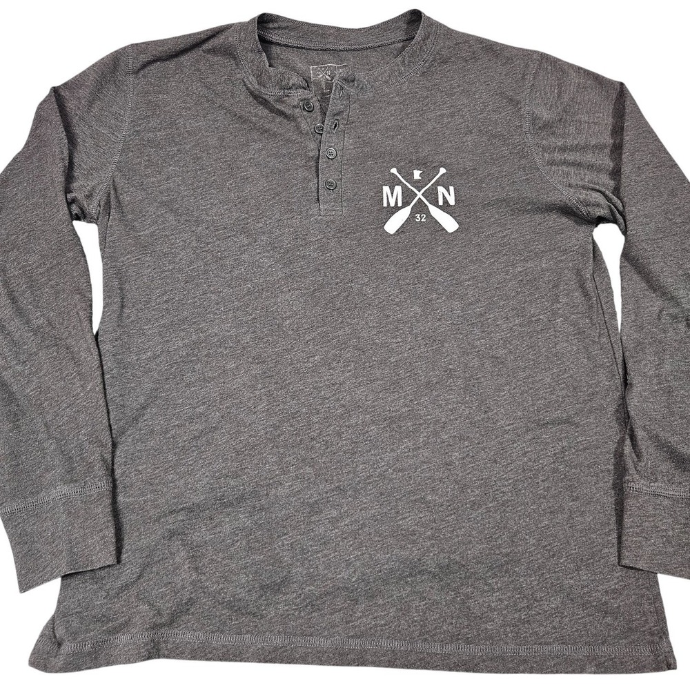 Sota Clothing Henley Shirt Mens L Gray Minnesota Long Sleeve Paddle Kayak Canoe